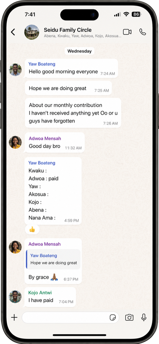 A family WhatsApp group chat trying to keep track of who has paid the monthly contribution
